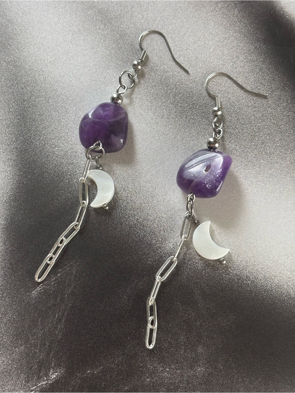 Handmade Purple Amethyst & Moon Charm Dangle Earrings - Women Jewelry